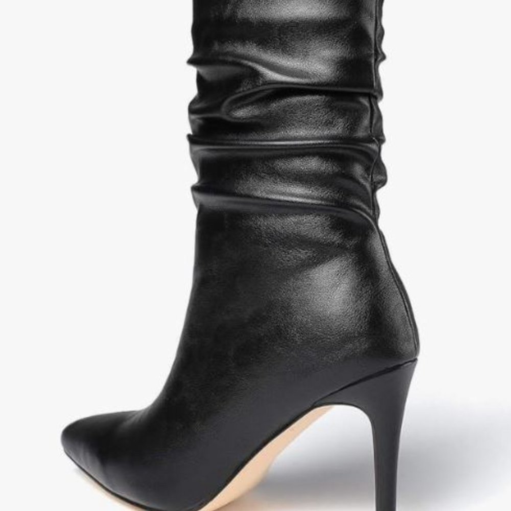 vivianly Womens Pointed Toe Heel Boots Stiletto Heels Mid-Calf Boots Zipper Boot - Picture 2 of 7